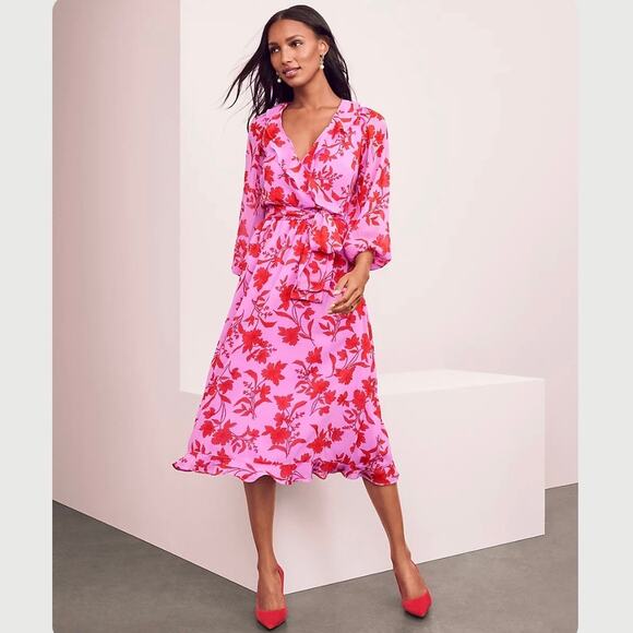 Ann Taylor Dresses & Skirts - Ann Taylor Pink Floral Ruffle Faux Wrap Midi Dress Size 6